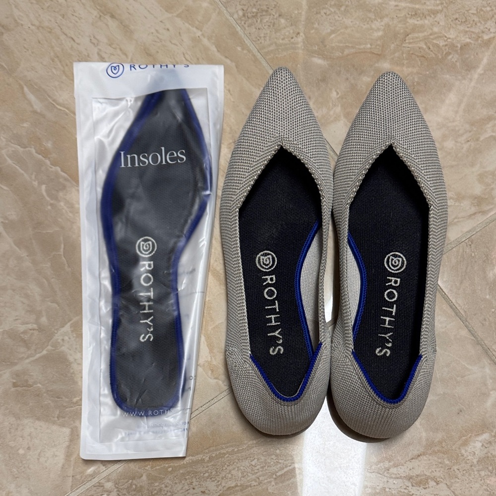 Rothy's Gray Pointed Flats with Blue Accents